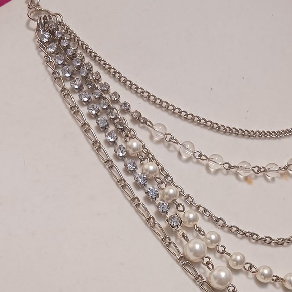 Hand Crafted Multi Strand Silver Tone with Beads and Rhinestone Fashion Necklace - Picture 5 of 9